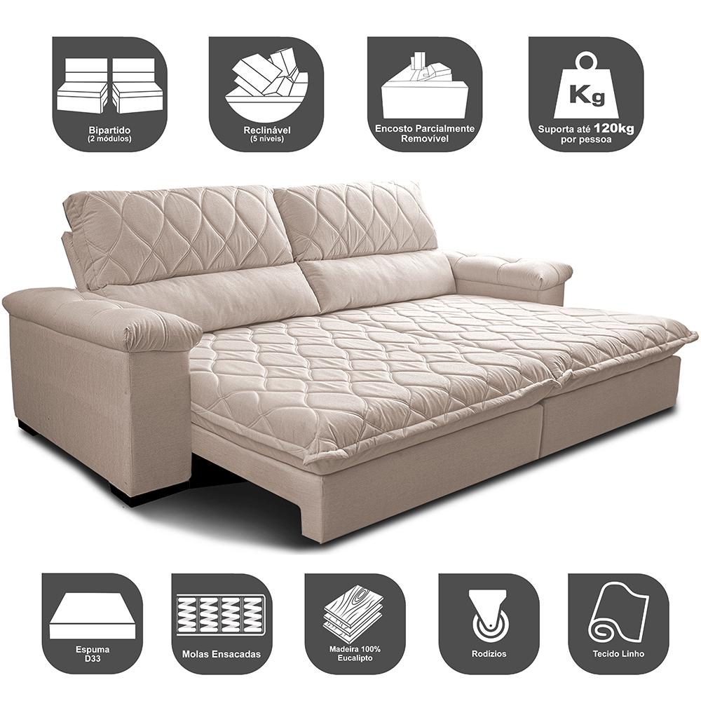 Sofá Retrátil e Reclinável 2,35m Molas Ensacadas Cama inBox Big Home com Bordado 3D Linho Bege Claro