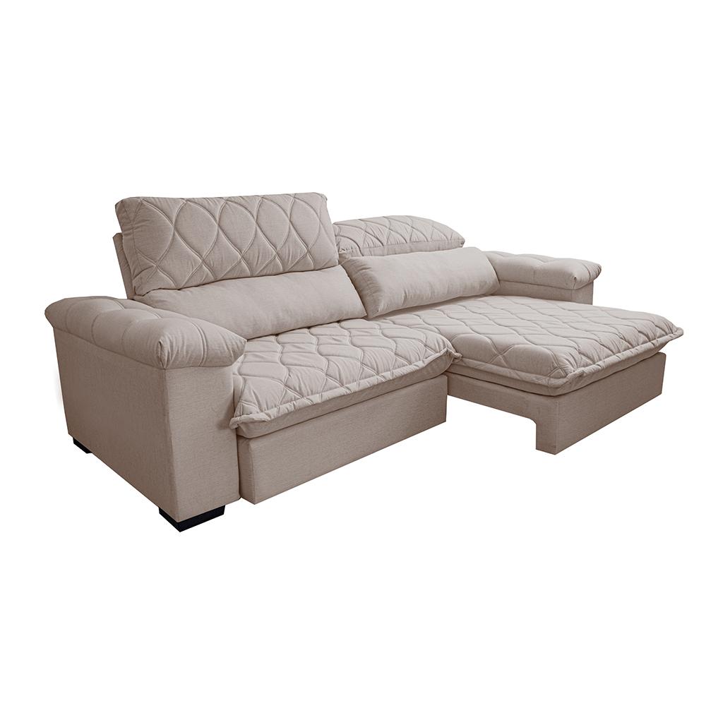 Sofá Retrátil e Reclinável 2,35m Molas Ensacadas Cama inBox Big Home com Bordado 3D Linho Bege Claro