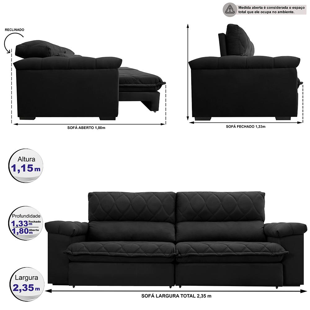 Sofá Retrátil e Reclinável 2,35m Molas Ensacadas Cama inBox Big Home com Bordado 3D Velusoft Preto