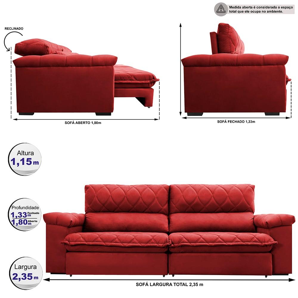 Sofá Retrátil e Reclinável 2,35m Molas Ensacadas Cama inBox Big Home com Bordado Velusoft Vermelho