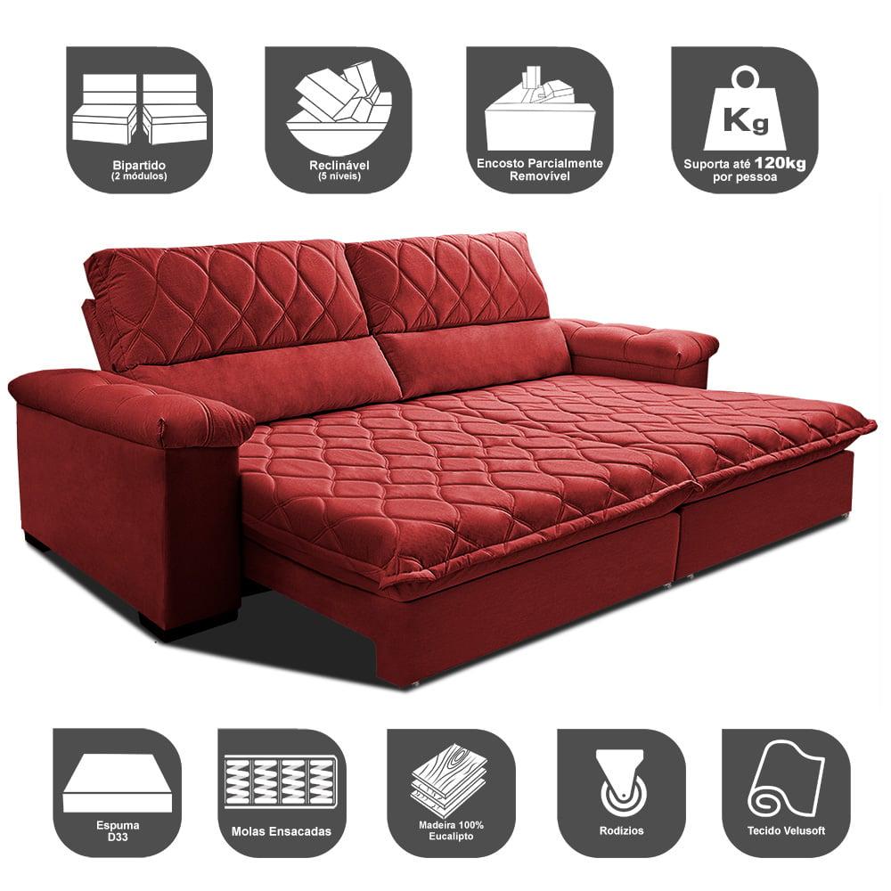Sofá Retrátil e Reclinável 2,35m Molas Ensacadas Cama inBox Big Home com Bordado Velusoft Vermelho