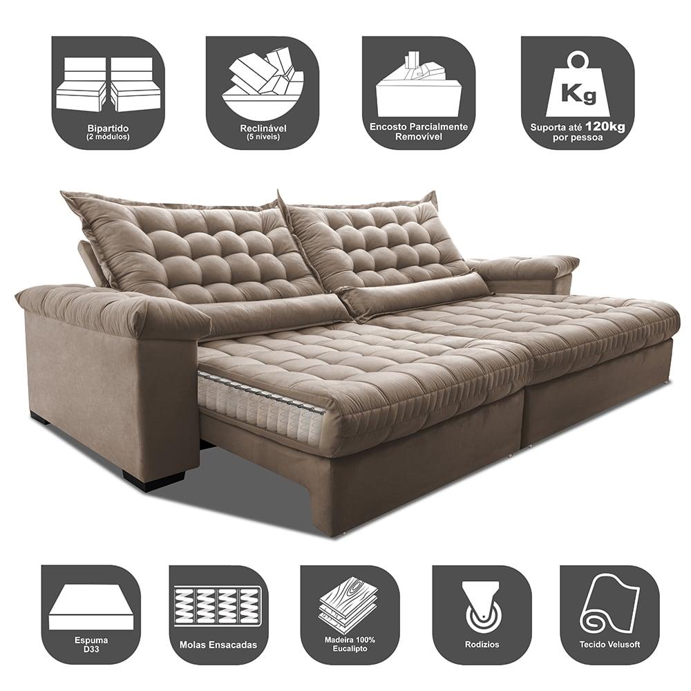 Sofá Retrátil e Reclinável 2,35m Molas Ensacadas Cama inBox Big Space com Bordado 3D Velusoft Bege
