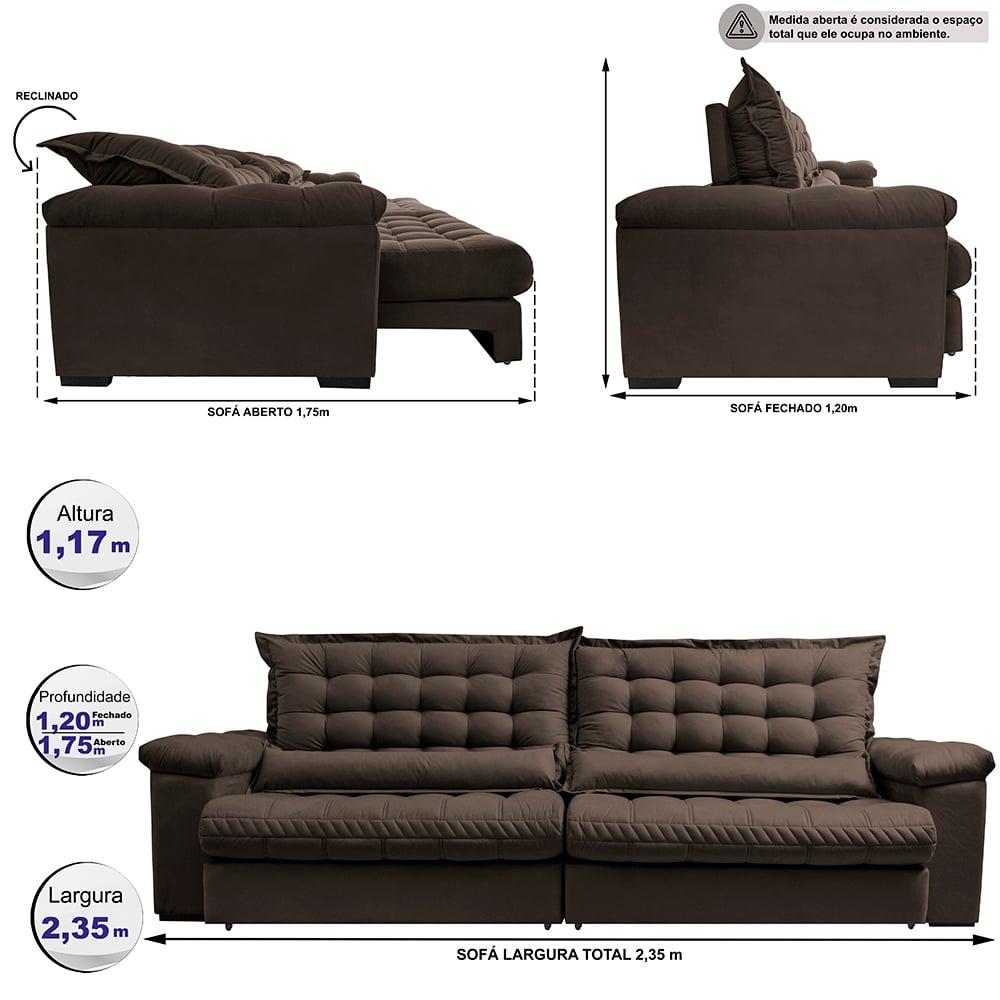 Sofá Retrátil e Reclinável 2,35m Molas Ensacadas Cama inBox Big Space com Bordado 3D Velusoft Café