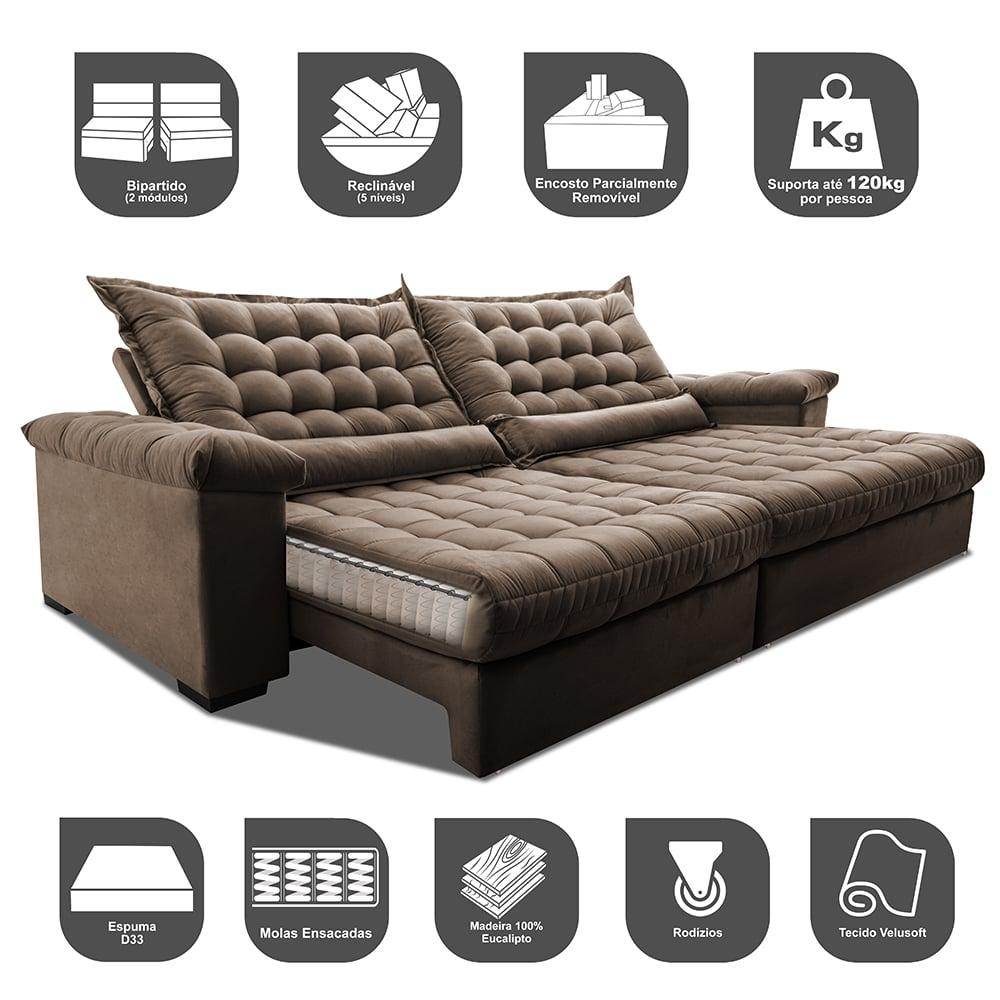 Sofá Retrátil e Reclinável 2,35m Molas Ensacadas Cama inBox Big Space com Bordado 3D Velusoft Castor
