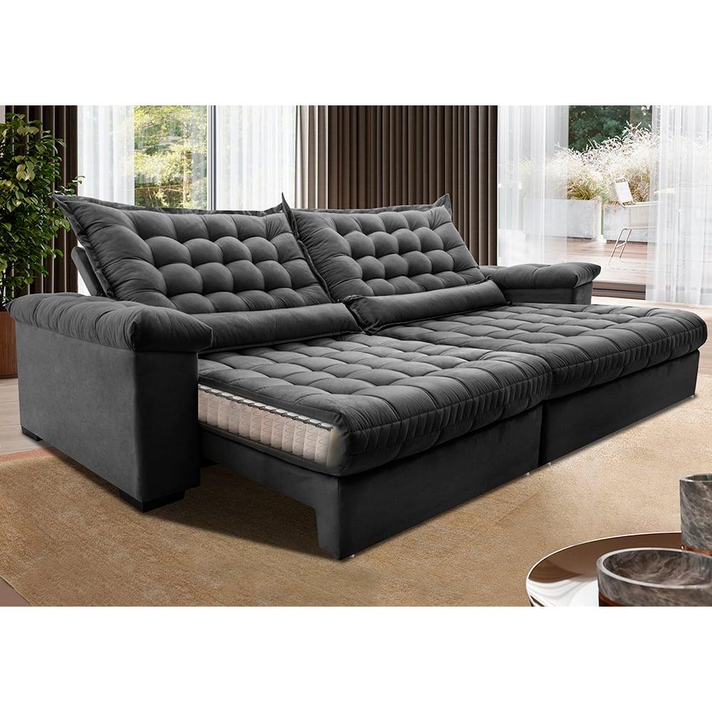 Sofá Retrátil e Reclinável 2,35m Molas Ensacadas Cama inBox Big Space com Bordado 3D Velusoft Cinza