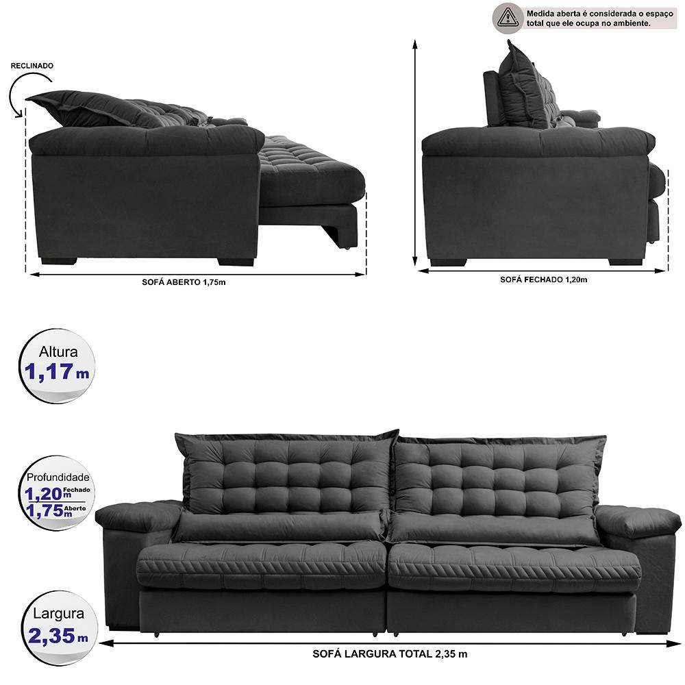 Sofá Retrátil e Reclinável 2,35m Molas Ensacadas Cama inBox Big Space com Bordado 3D Velusoft Cinza
