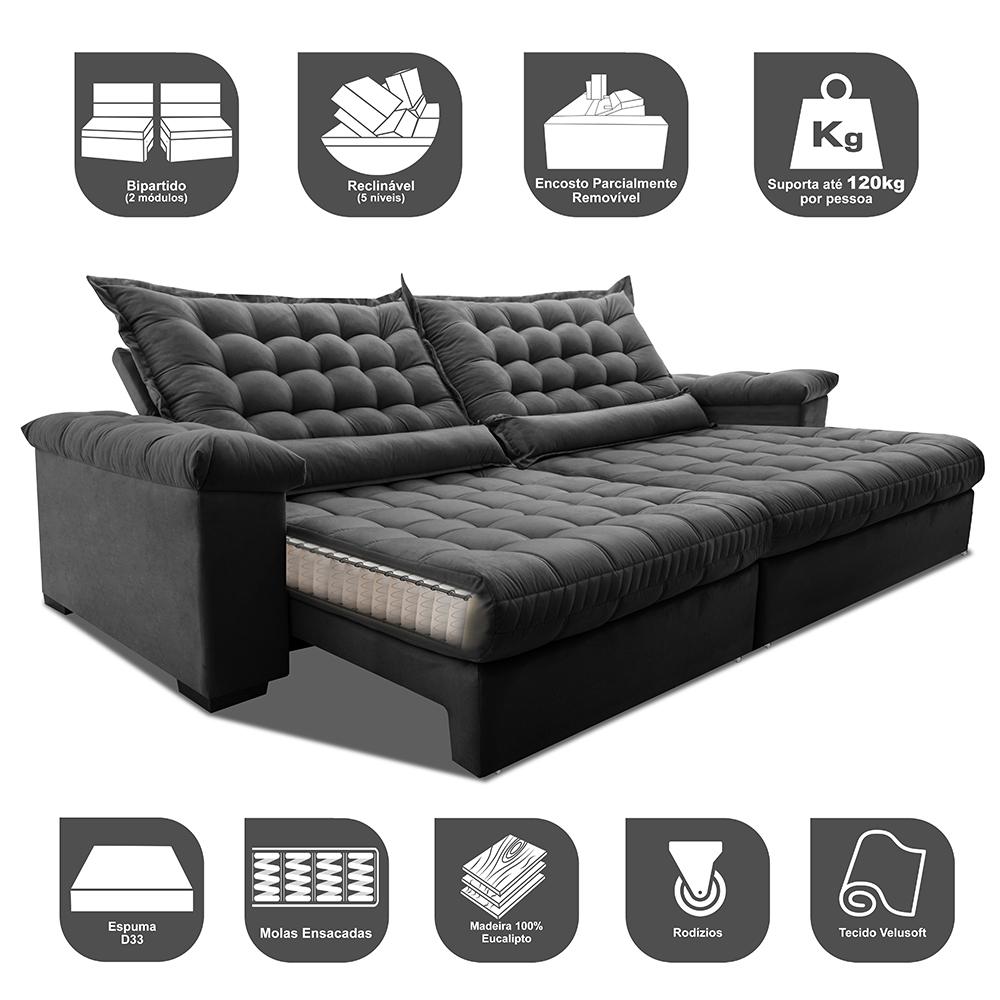 Sofá Retrátil e Reclinável 2,35m Molas Ensacadas Cama inBox Big Space com Bordado 3D Velusoft Cinza