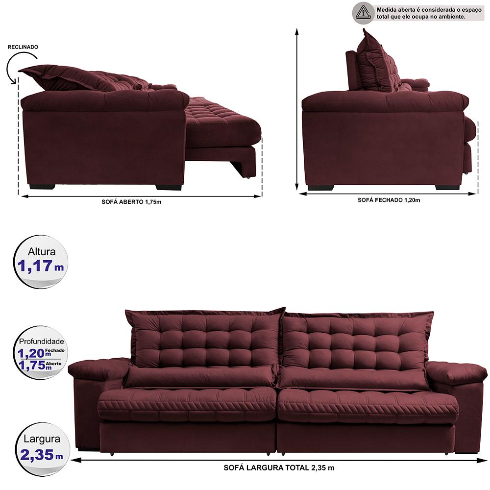 Sofá Retrátil e Reclinável 2,35m Molas Ensacadas Cama inBox Big Space com Bordado 3D Velusoft Vinho