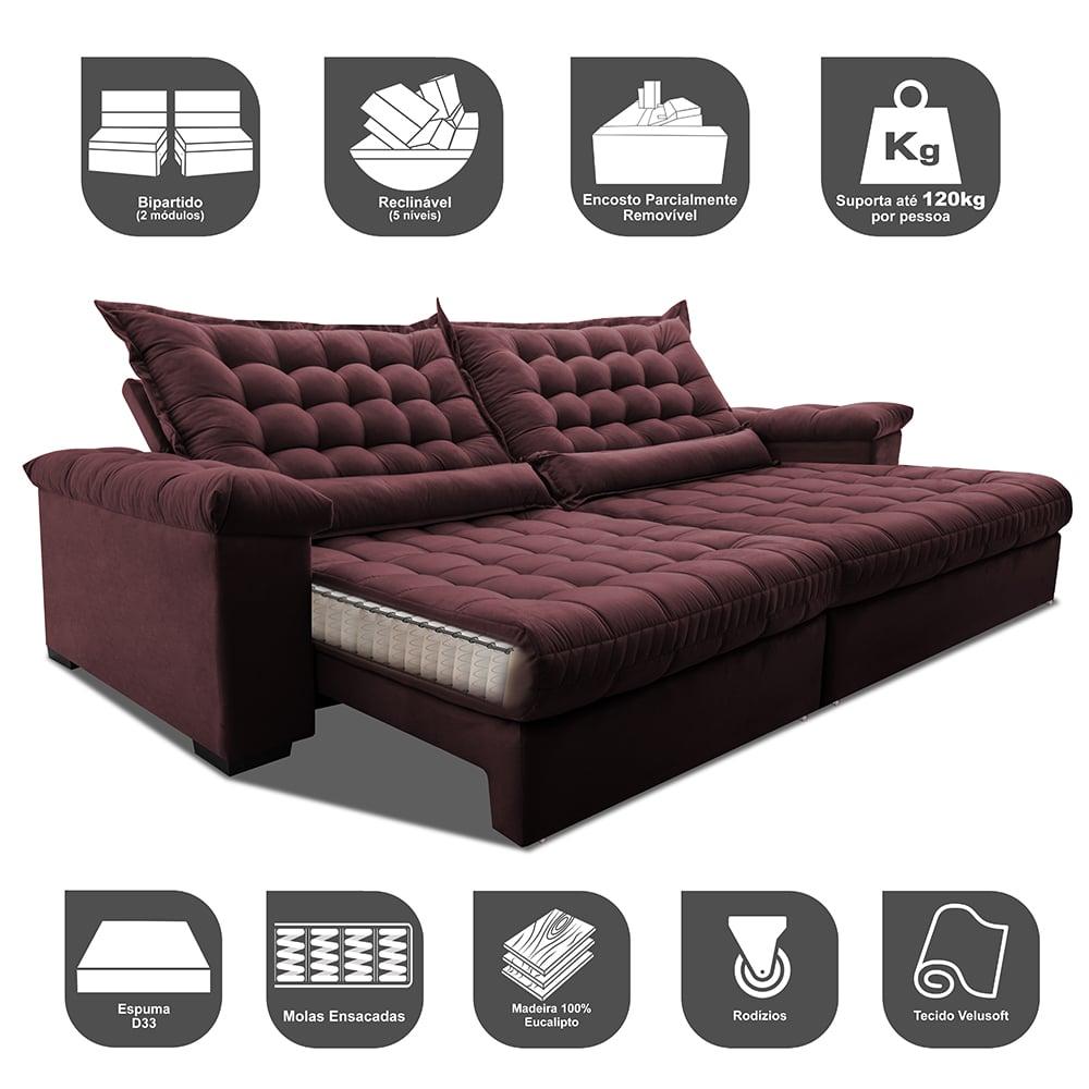 Sofá Retrátil e Reclinável 2,35m Molas Ensacadas Cama inBox Big Space com Bordado 3D Velusoft Vinho