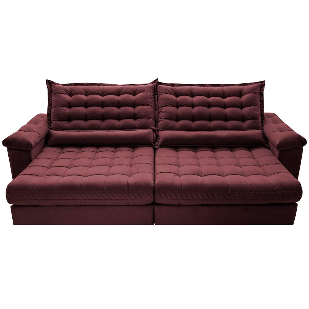 Sofá Retrátil e Reclinável 2,35m Molas Ensacadas Cama inBox Big Space com Bordado 3D Velusoft Vinho