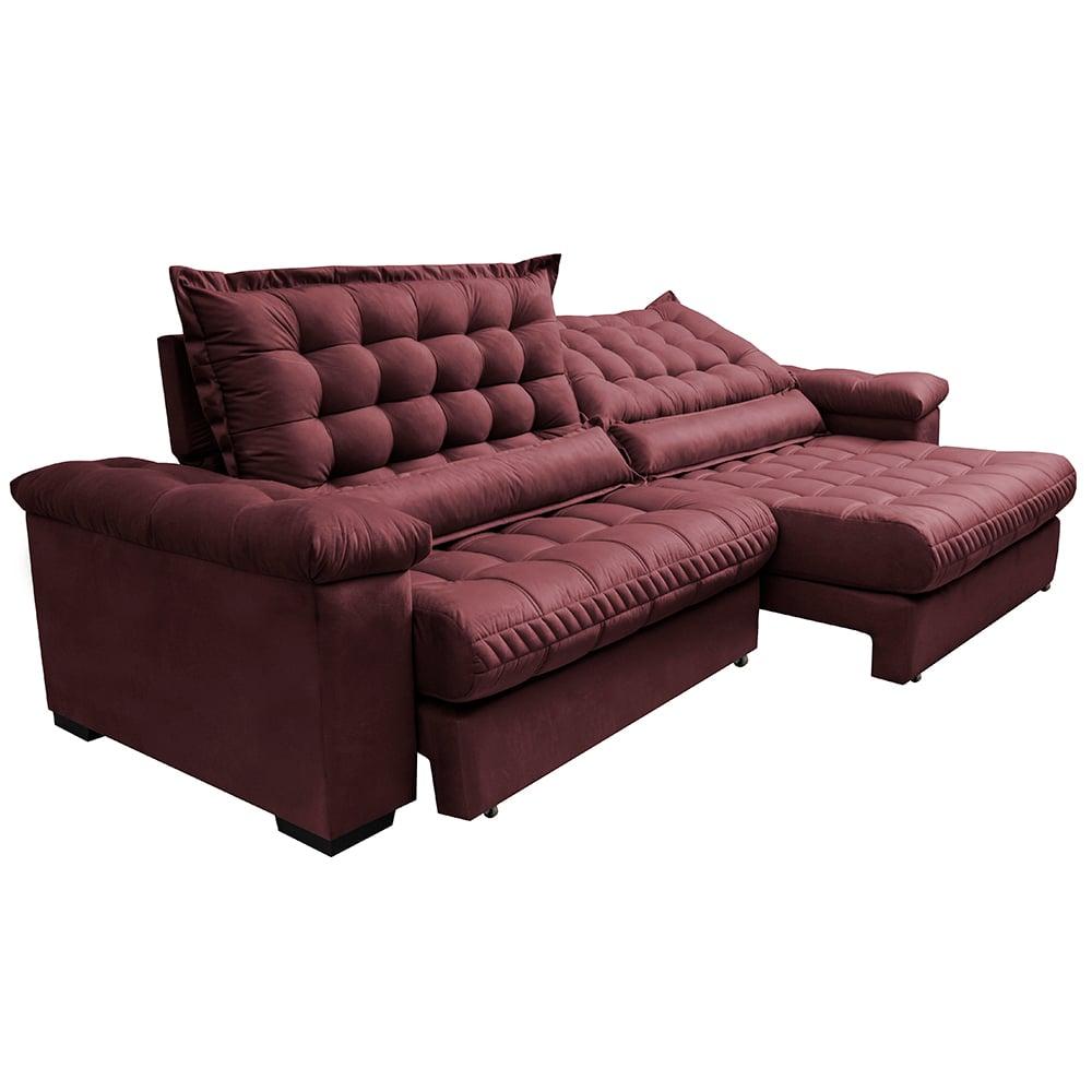 Sofá Retrátil e Reclinável 2,35m Molas Ensacadas Cama inBox Big Space com Bordado 3D Velusoft Vinho