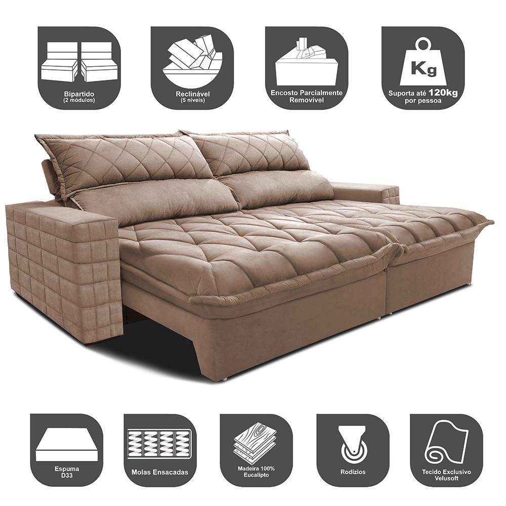 Sofá Retrátil e Reclinável 2,35m Molas Ensacadas Cama inBox Elegance com ThermoGel Velusoft Bege