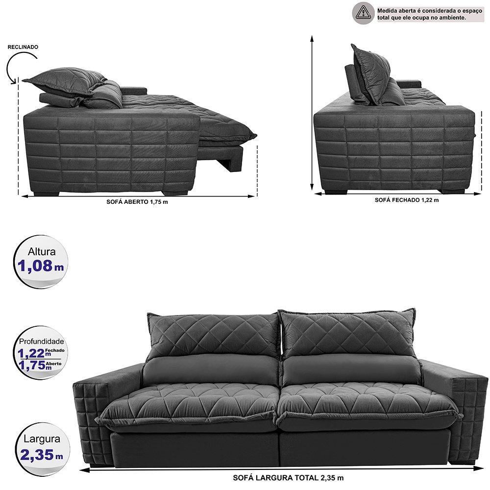 Sofá Retrátil e Reclinável 2,35m Molas Ensacadas Cama inBox Elegance com ThermoGel Velusoft Cinza