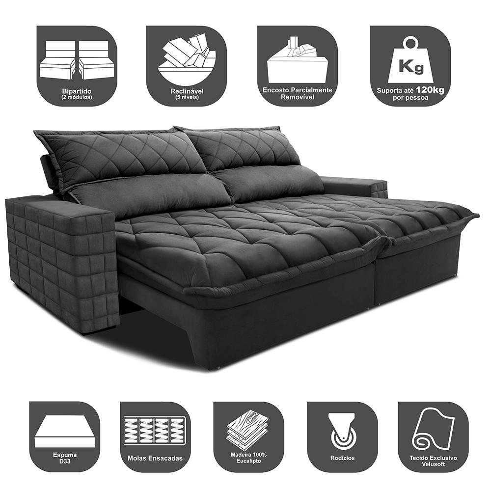 Sofá Retrátil e Reclinável 2,35m Molas Ensacadas Cama inBox Elegance com ThermoGel Velusoft Cinza