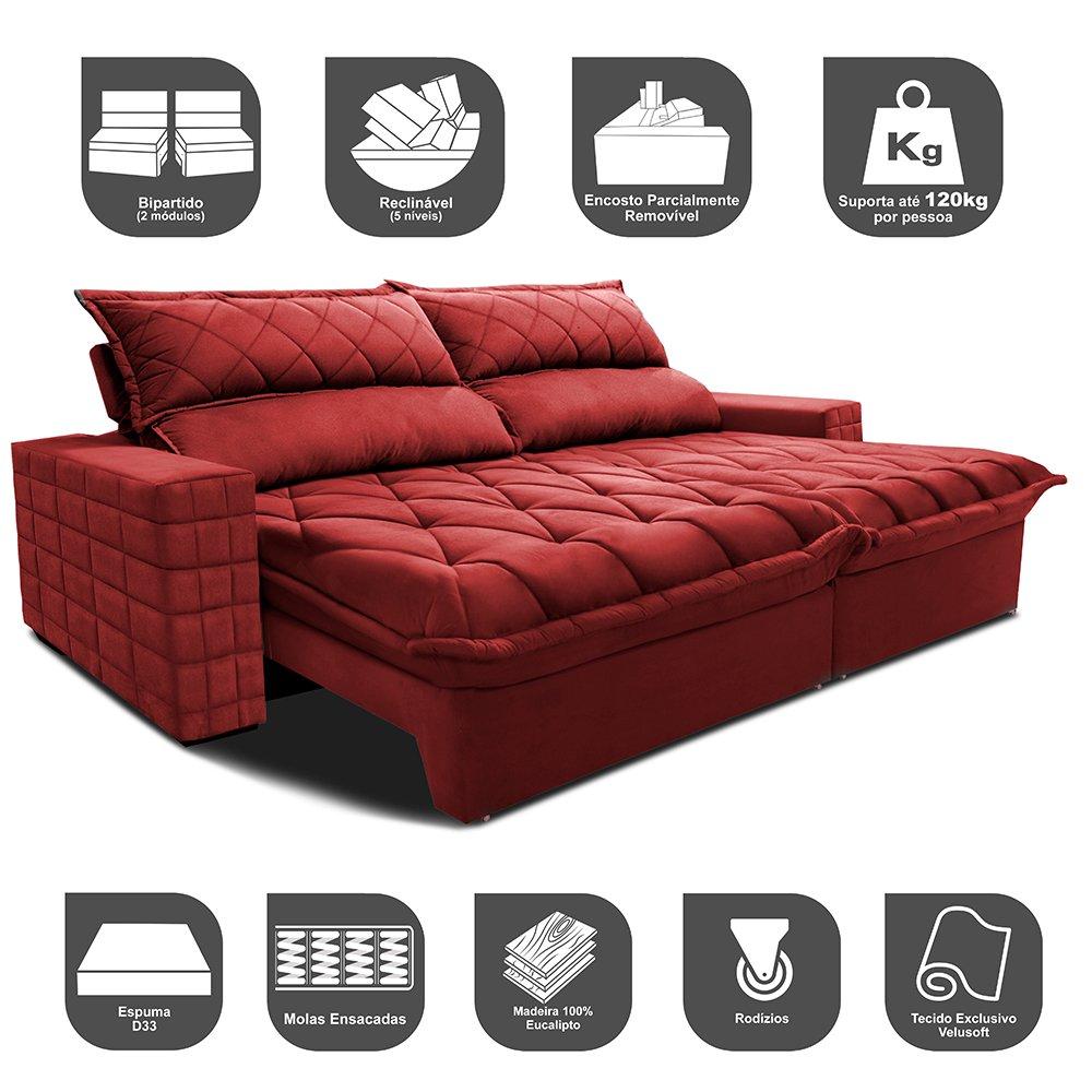 Sofá Retrátil e Reclinável 2,35m Molas Ensacadas Cama inBox Elegance com ThermoGel Velusoft Vermelho