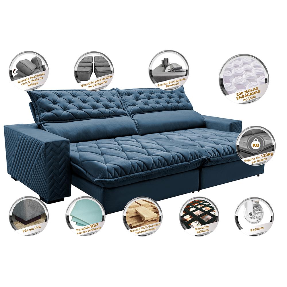 Sofá Retrátil e Reclinável 2,35m Molas Ensacadas Cama inBox Spazus com Bordado 3D Velusoft Azul