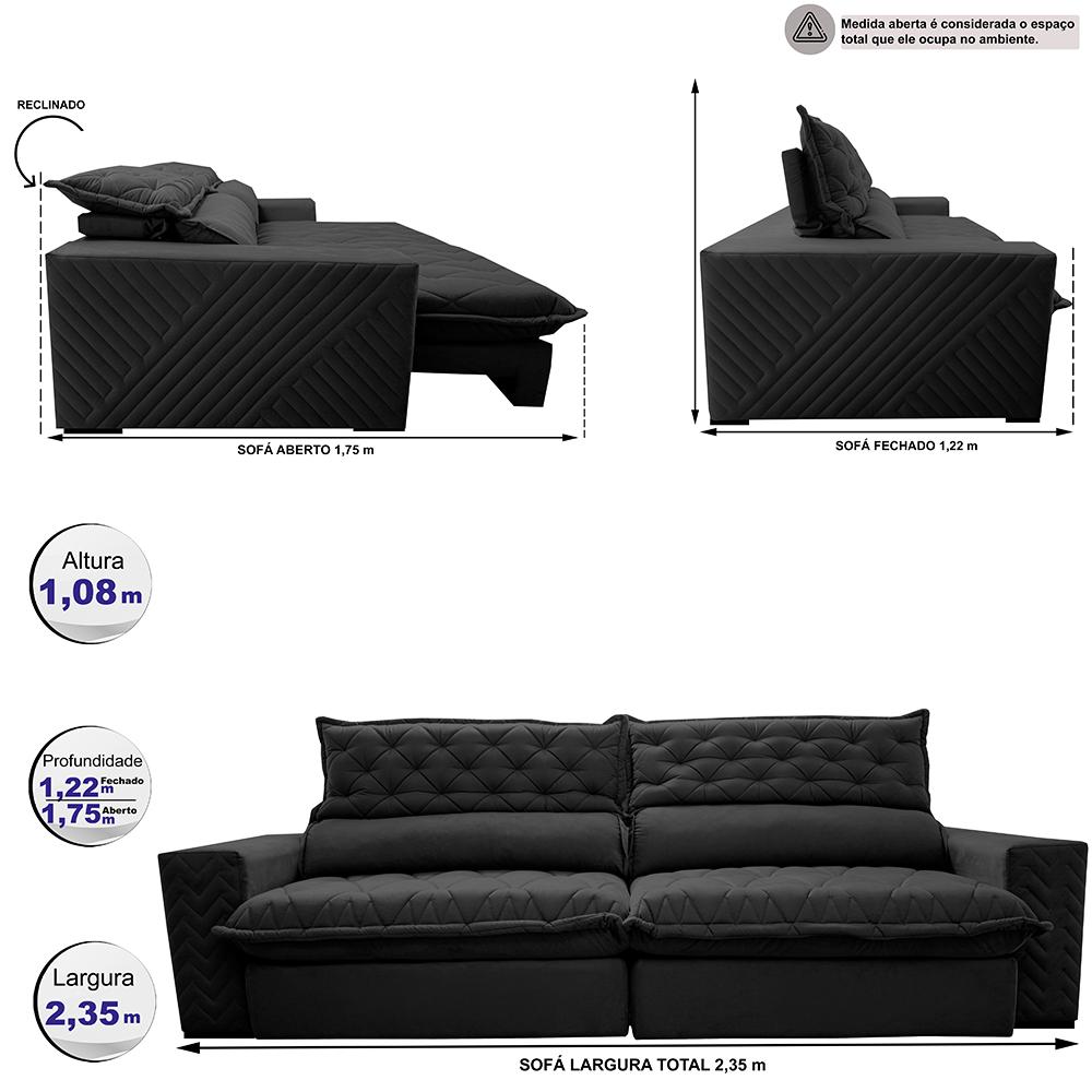 Sofá Retrátil e Reclinável 2,35m Molas Ensacadas Cama inBox Spazus com Bordado 3D Velusoft Preto