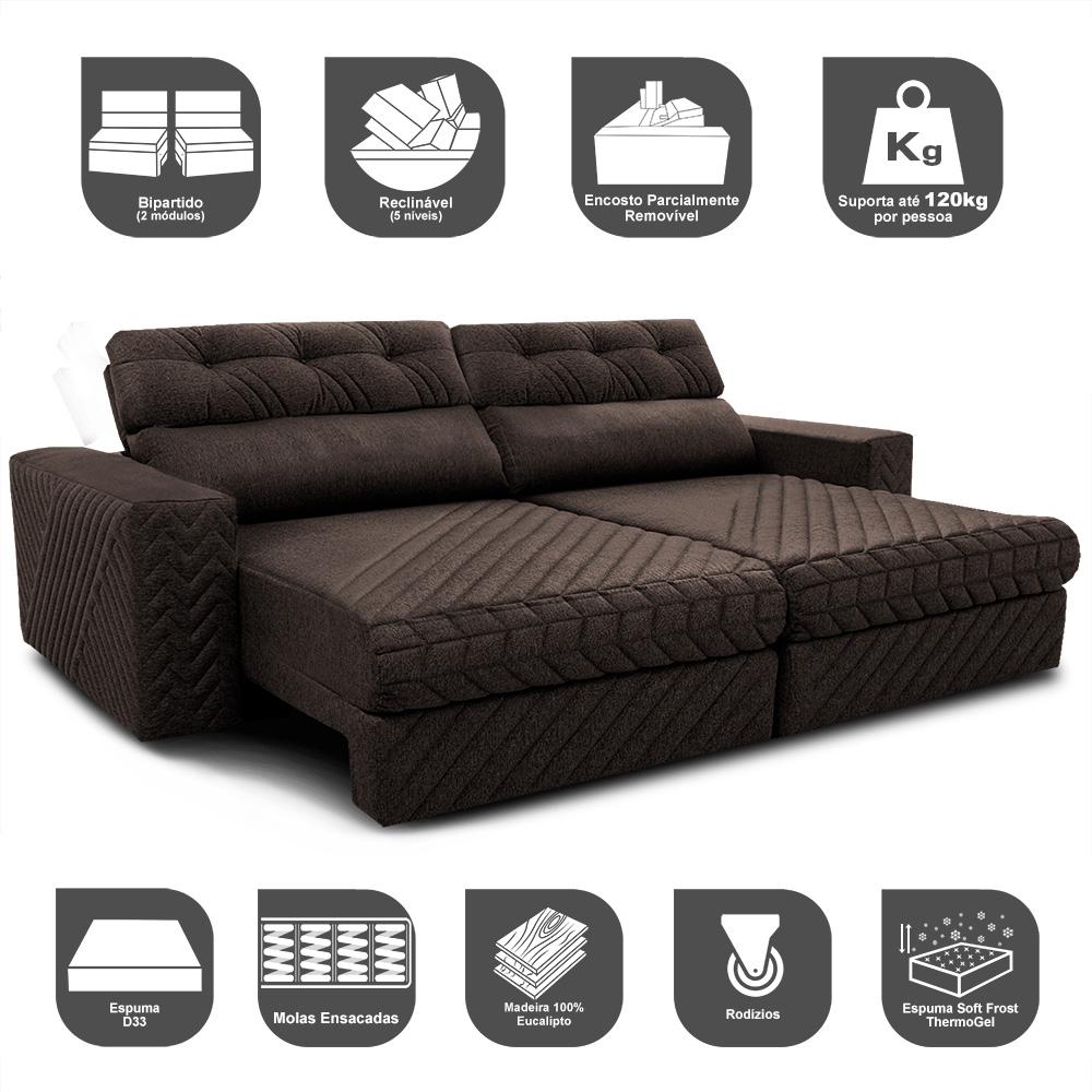 Sofá Retrátil e Reclinável 2,35m Molas Ensacadas Cama inBox Style Thermo Gel Linho Marrom