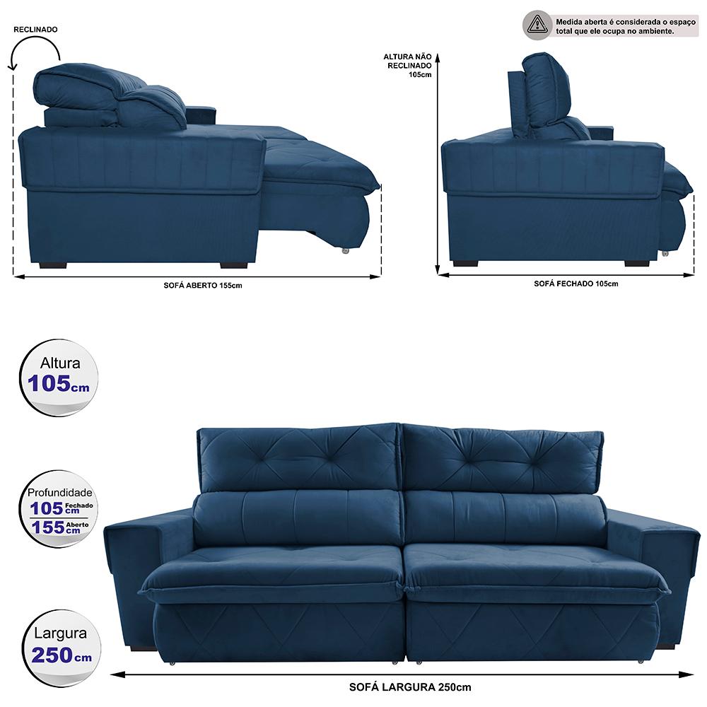 Sofá Retrátil e Reclinável 2,50m Cama inBox Tókio com Molas e Bordado 3D Velusoft Azul