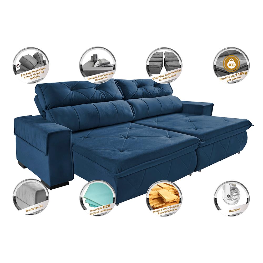 Sofá Retrátil e Reclinável 2,50m Cama inBox Tókio com Molas e Bordado 3D Velusoft Azul