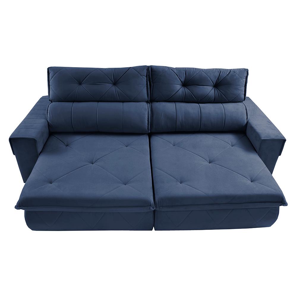 Sofá Retrátil e Reclinável 2,50m Cama inBox Tókio com Molas e Bordado 3D Velusoft Azul