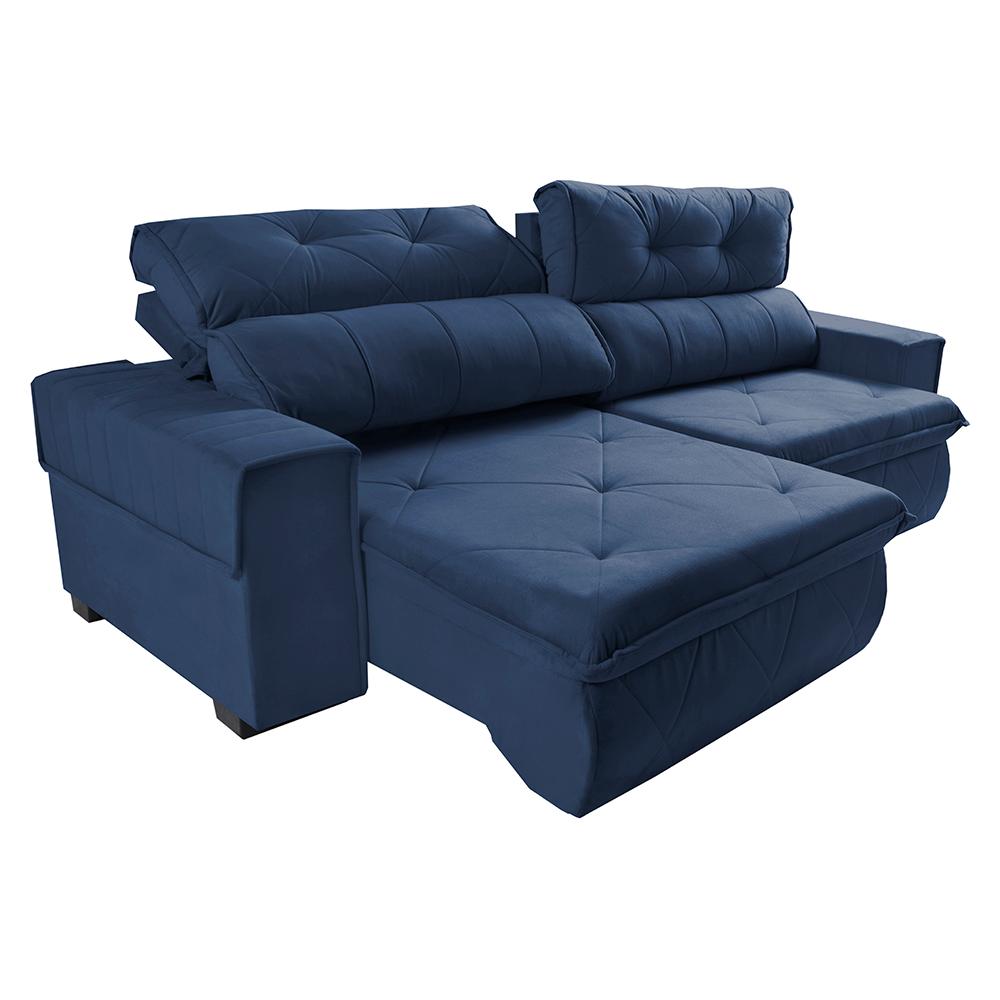 Sofá Retrátil e Reclinável 2,50m Cama inBox Tókio com Molas e Bordado 3D Velusoft Azul