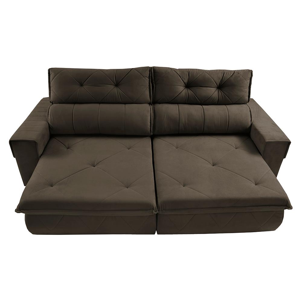 Sofá Retrátil e Reclinável 2,50m Cama inBox Tókio com Molas e Bordado 3D Velusoft Café