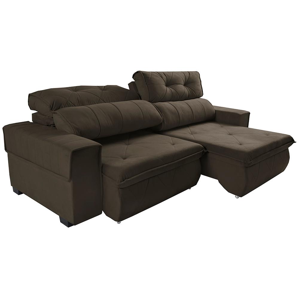 Sofá Retrátil e Reclinável 2,50m Cama inBox Tókio com Molas e Bordado 3D Velusoft Café