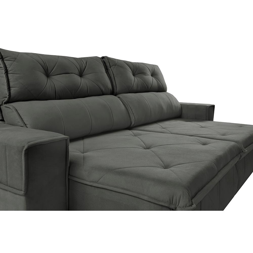 Sofá Retrátil e Reclinável 2,50m Cama inBox Tókio com Molas e Bordado 3D Velusoft Cinza