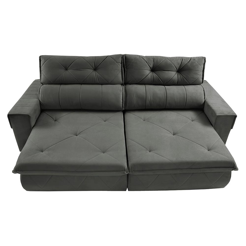 Sofá Retrátil e Reclinável 2,50m Cama inBox Tókio com Molas e Bordado 3D Velusoft Cinza