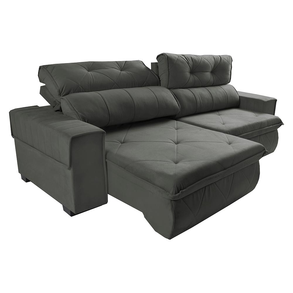 Sofá Retrátil e Reclinável 2,50m Cama inBox Tókio com Molas e Bordado 3D Velusoft Cinza