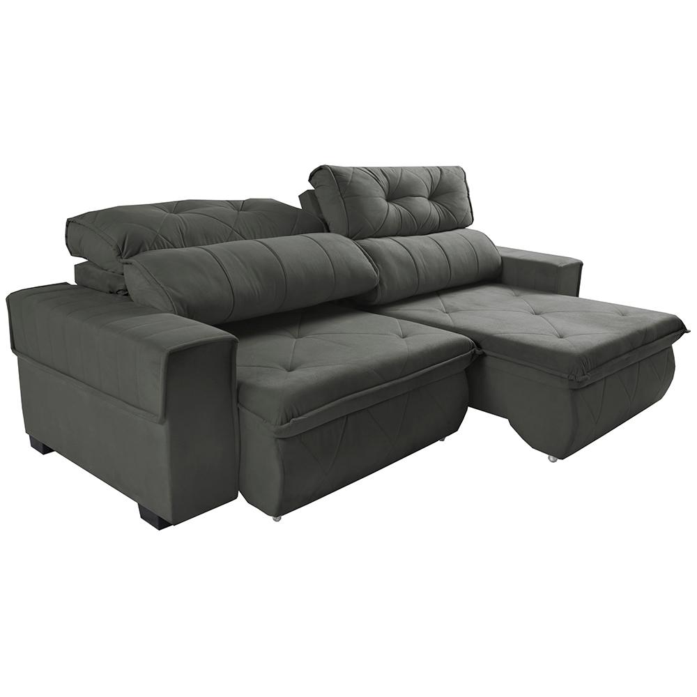 Sofá Retrátil e Reclinável 2,50m Cama inBox Tókio com Molas e Bordado 3D Velusoft Cinza