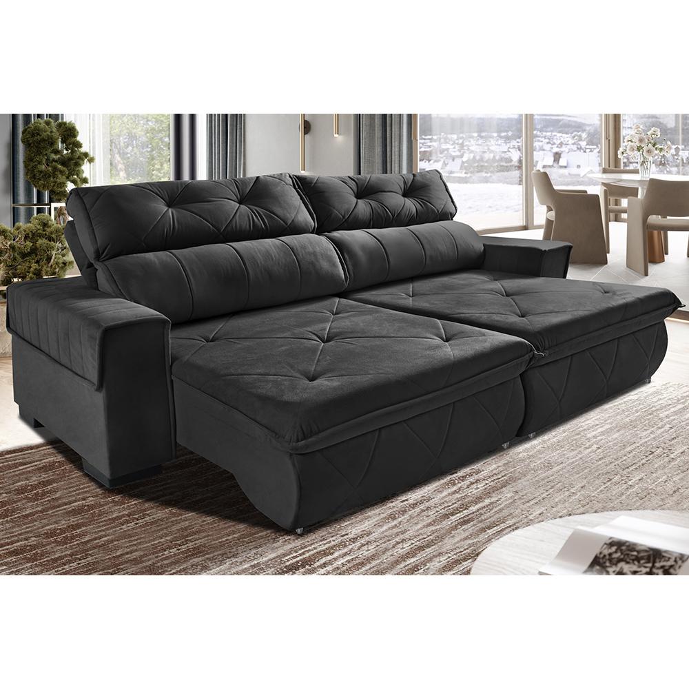 Sofá Retrátil e Reclinável 2,50m Cama inBox Tókio com Molas e Bordado 3D Velusoft Preto