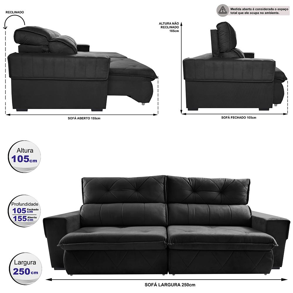 Sofá Retrátil e Reclinável 2,50m Cama inBox Tókio com Molas e Bordado 3D Velusoft Preto