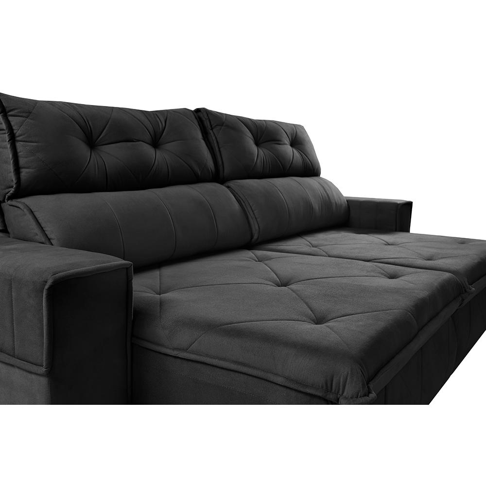 Sofá Retrátil e Reclinável 2,50m Cama inBox Tókio com Molas e Bordado 3D Velusoft Preto