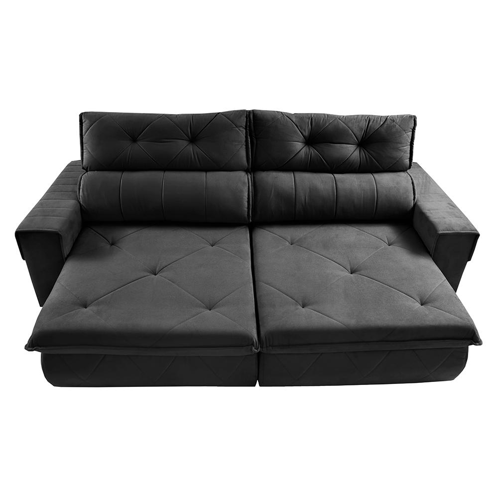 Sofá Retrátil e Reclinável 2,50m Cama inBox Tókio com Molas e Bordado 3D Velusoft Preto