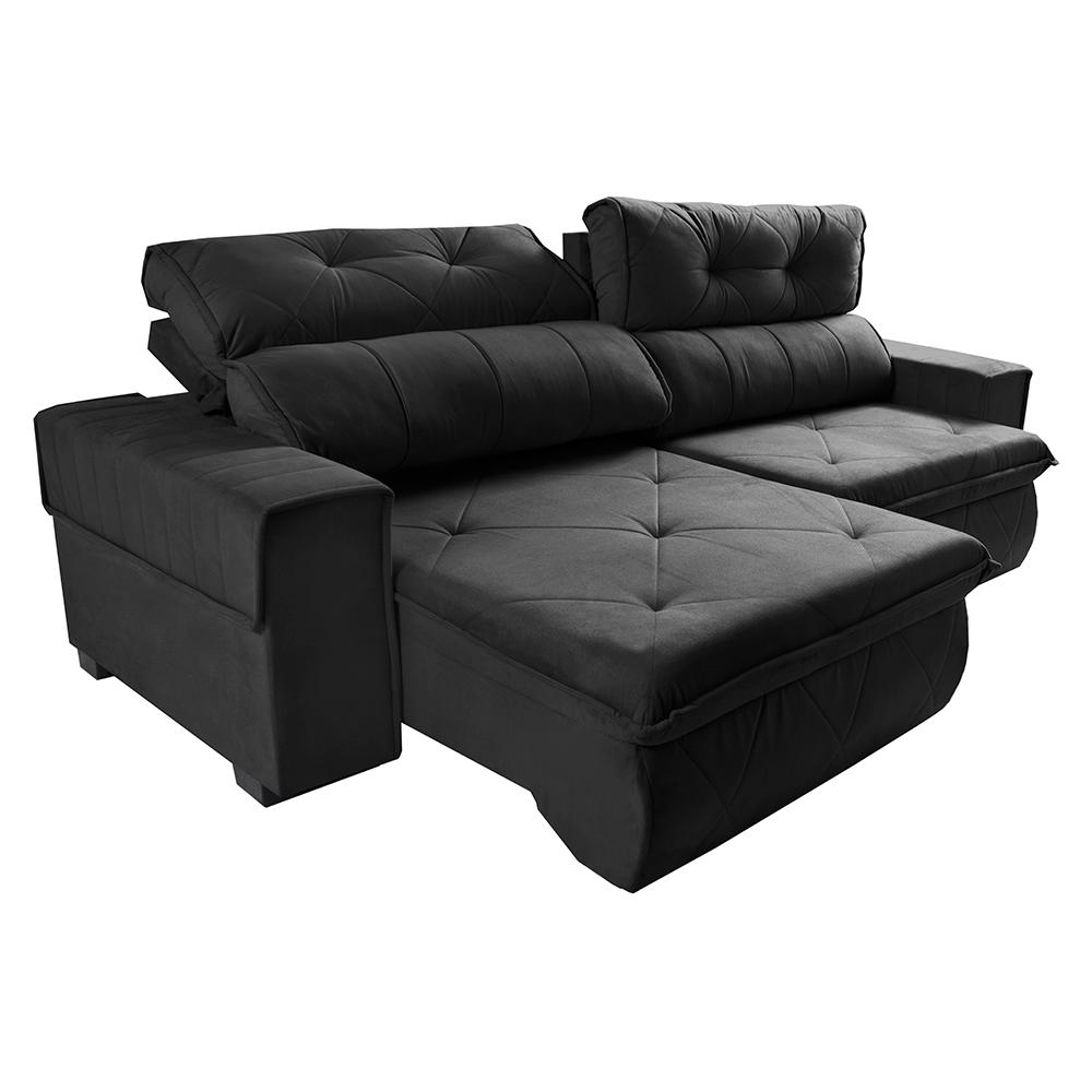 Sofá Retrátil e Reclinável 2,50m Cama inBox Tókio com Molas e Bordado 3D Velusoft Preto