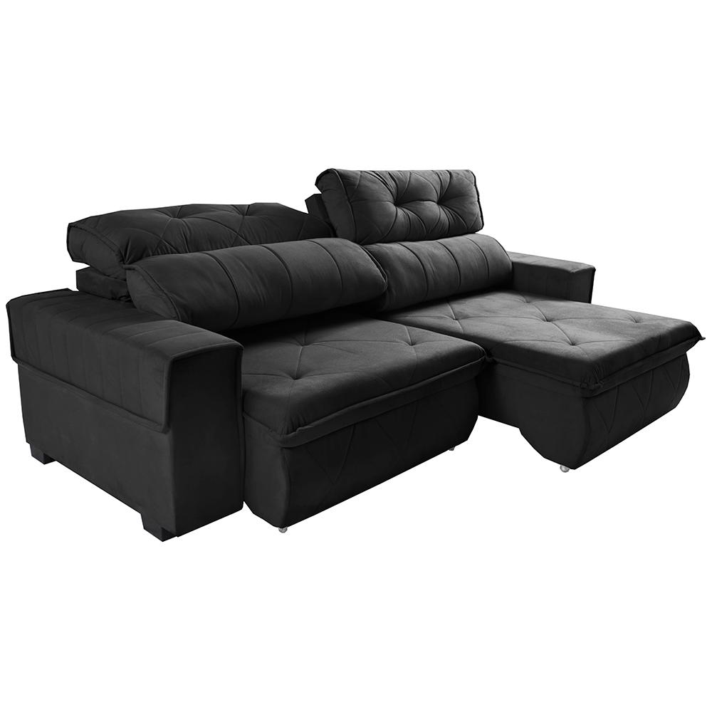 Sofá Retrátil e Reclinável 2,50m Cama inBox Tókio com Molas e Bordado 3D Velusoft Preto