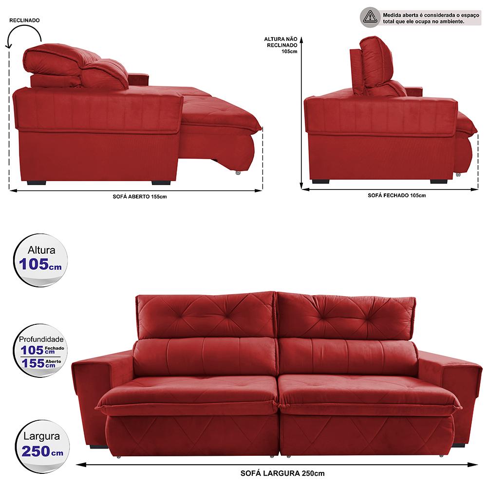 Sofá Retrátil e Reclinável 2,50m Cama inBox Tókio com Molas e Bordado 3D Velusoft Vermelho