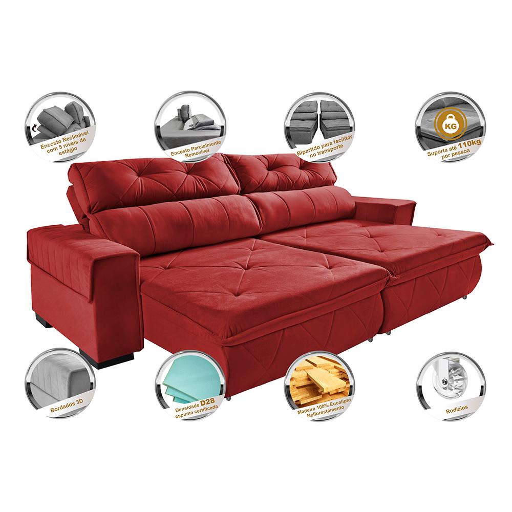 Sofá Retrátil e Reclinável 2,50m Cama inBox Tókio com Molas e Bordado 3D Velusoft Vermelho
