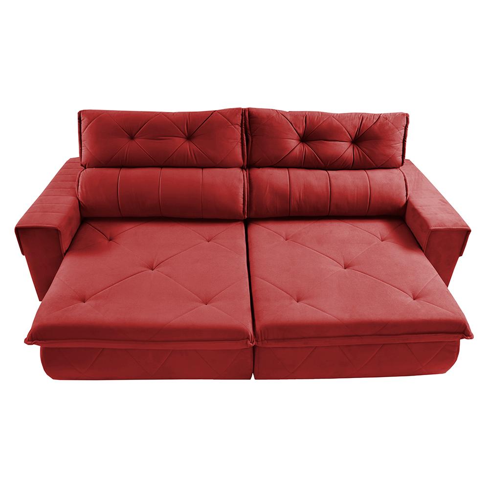 Sofá Retrátil e Reclinável 2,50m Cama inBox Tókio com Molas e Bordado 3D Velusoft Vermelho