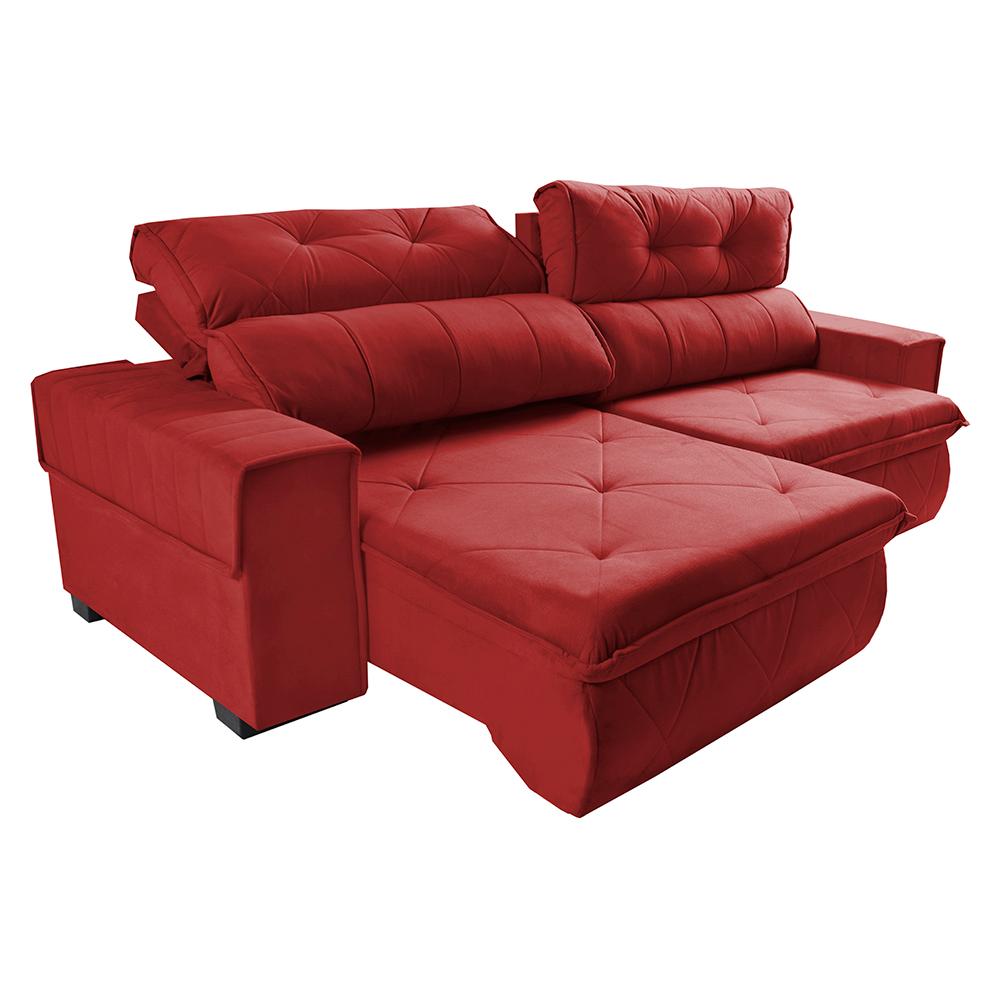 Sofá Retrátil e Reclinável 2,50m Cama inBox Tókio com Molas e Bordado 3D Velusoft Vermelho