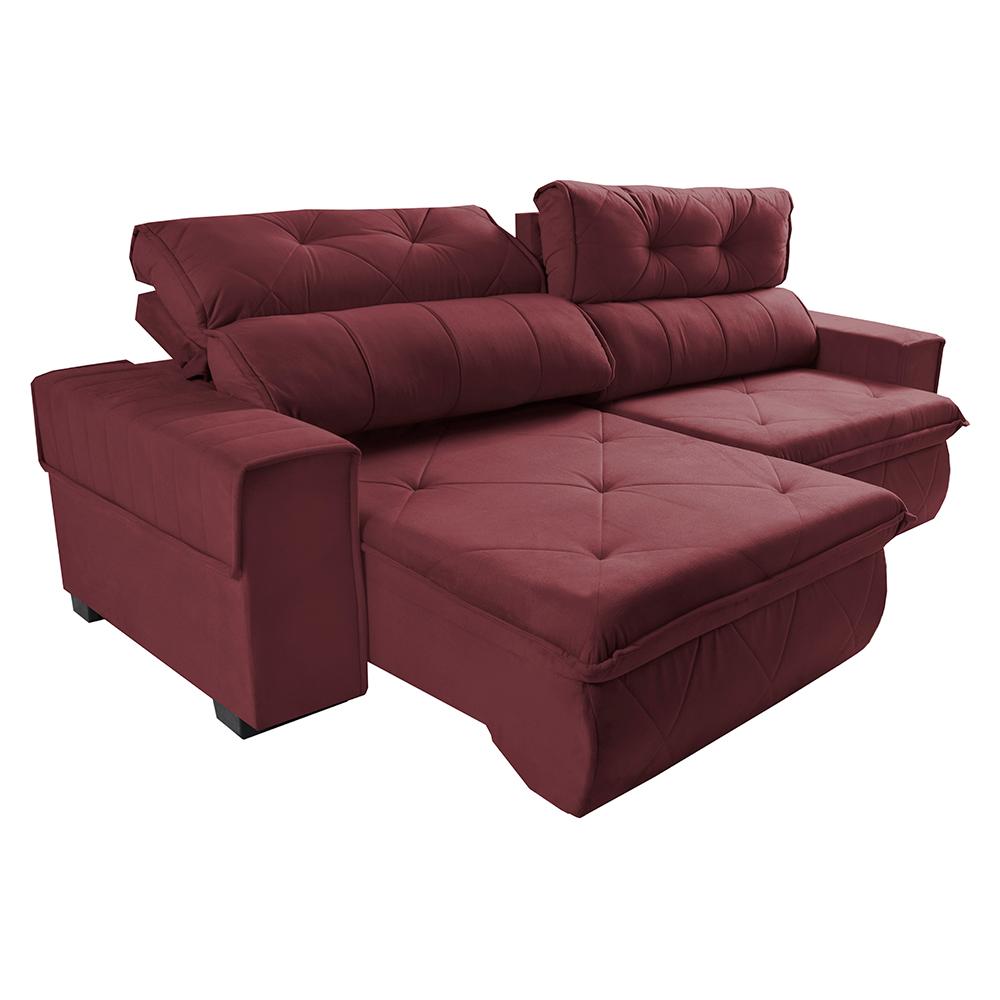 Sofá Retrátil e Reclinável 2,50m Cama inBox Tókio com Molas e Bordado 3D Velusoft Vinho