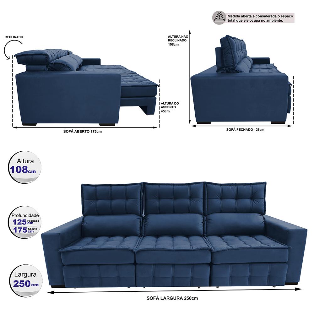 Sofá Retrátil e Reclinável 2,50m Molas Ensacadas e Costura Tripla Cama inBox Nobre Suede Azul
