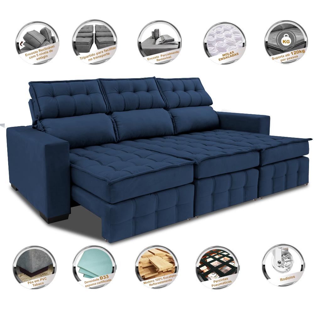 Sofá Retrátil e Reclinável 2,50m Molas Ensacadas e Costura Tripla Cama inBox Nobre Suede Azul