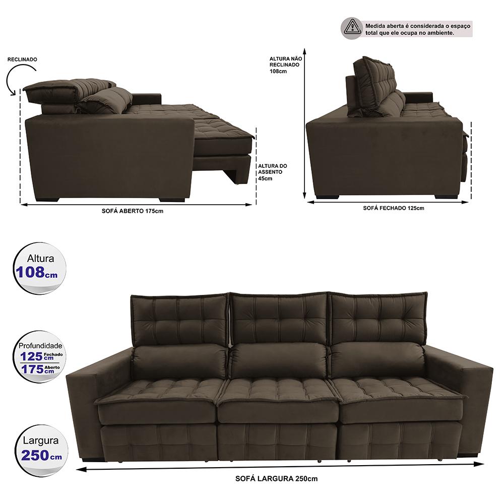 Sofá Retrátil e Reclinável 2,50m Molas Ensacadas e Costura Tripla Cama inBox Nobre Suede Café