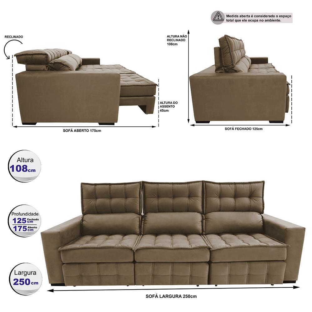 Sofá Retrátil e Reclinável 2,50m Molas Ensacadas e Costura Tripla Cama inBox Nobre Suede Castor