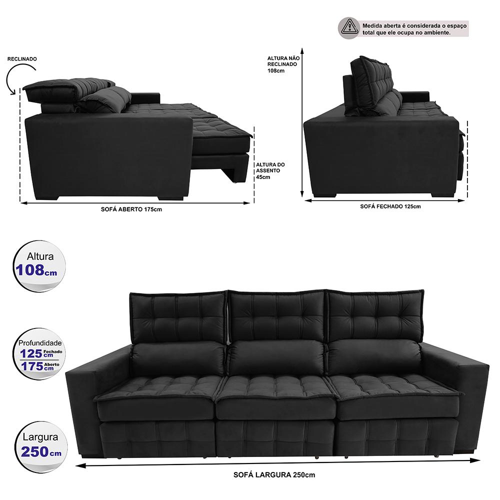 Sofá Retrátil e Reclinável 2,50m Molas Ensacadas e Costura Tripla Cama inBox Nobre Suede Preto