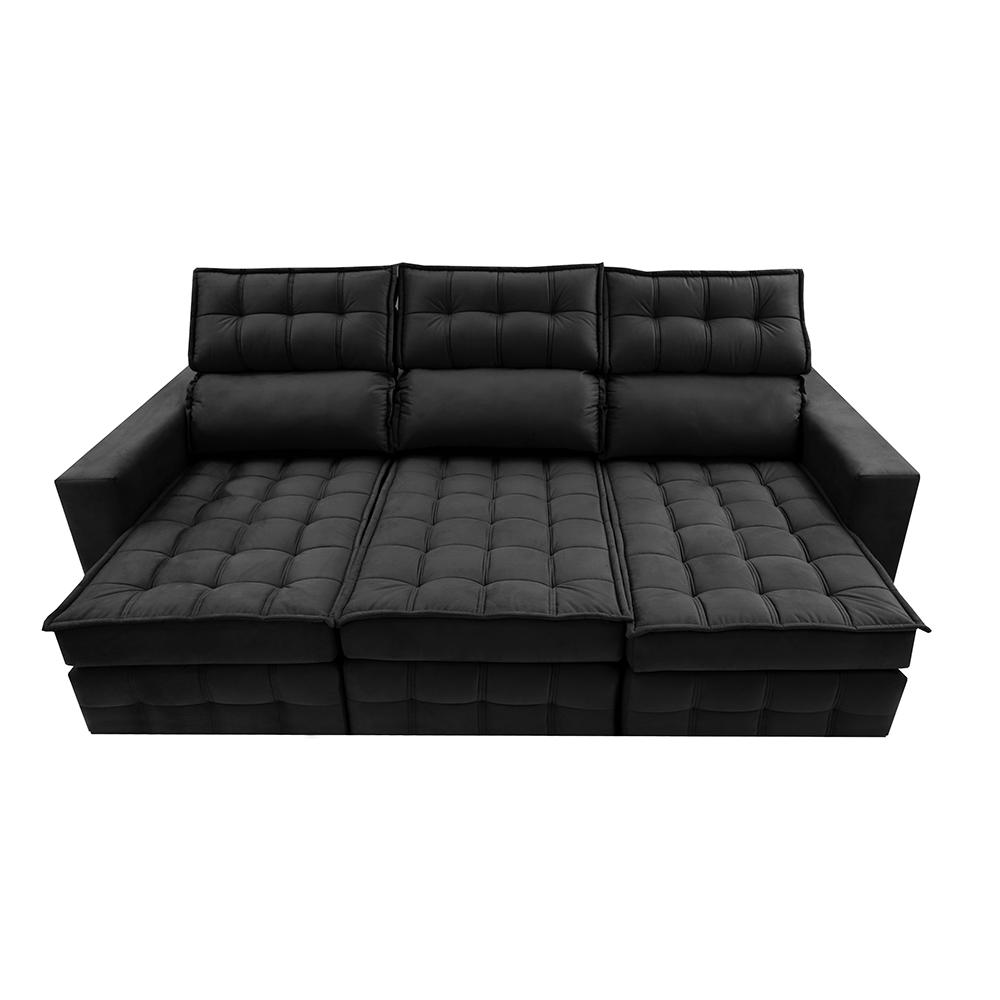 Sofá Retrátil e Reclinável 2,50m Molas Ensacadas e Costura Tripla Cama inBox Nobre Suede Preto