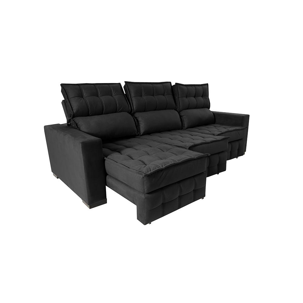 Sofá Retrátil e Reclinável 2,50m Molas Ensacadas e Costura Tripla Cama inBox Nobre Suede Preto